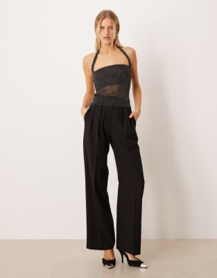 Asos Design Glitter Mesh Halter Top In Black