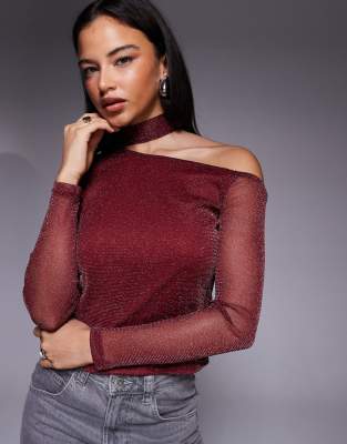 Asos Design Glitter Mesh Scarf One Shoulder Top In Red