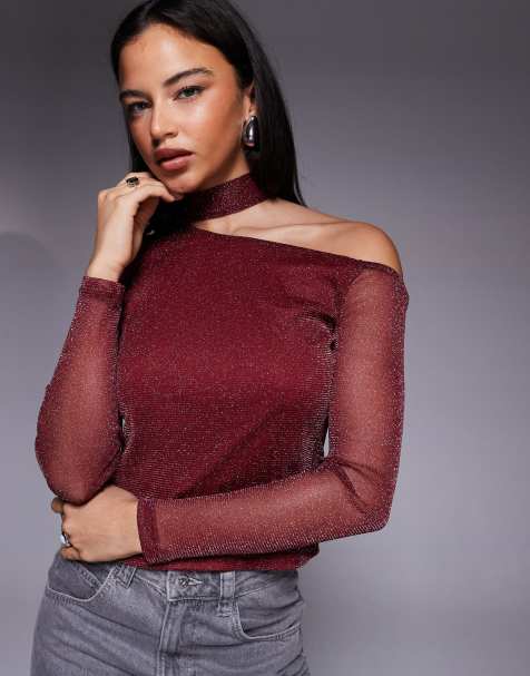 ASOS DESIGN glitter mesh scarf one shoulder top in burgundy - view 1