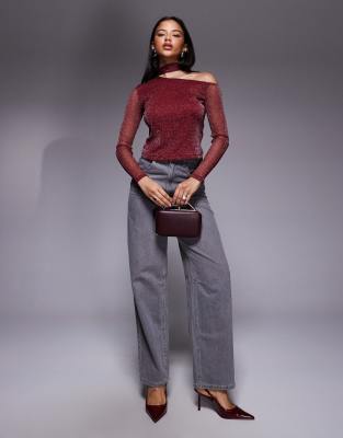 Asos Design Glitter Mesh Scarf One Shoulder Top In Red