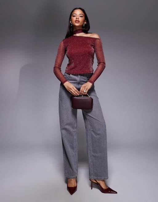 ASOS DESIGN glitter mesh scarf one shoulder top in burgundy, 2 of 4