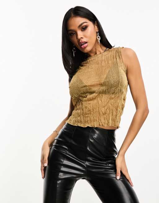 ASOS Design Glitter Mesh Tank Top with Open Back in Gold