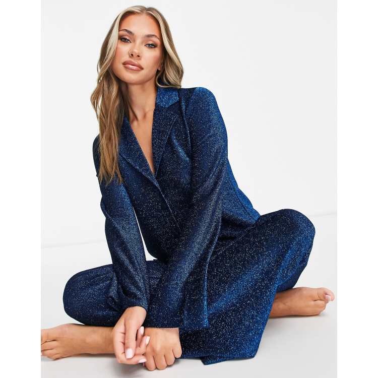 ASOS DESIGN glitter shirt pants pajama set in blue ASOS