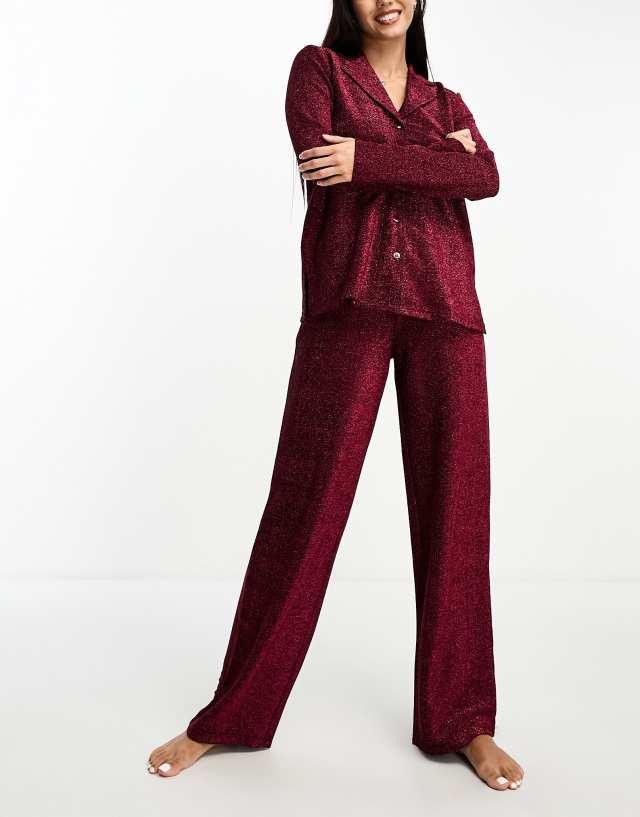 ASOS DESIGN - glitter shirt & trouser pyjama set in pink