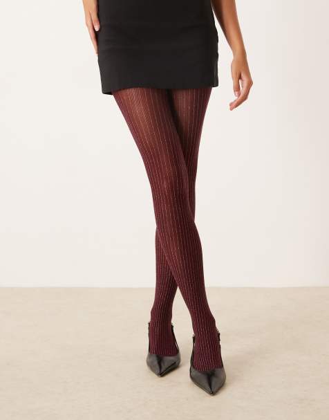 ASOS DESIGN glitter stripe tights in burgundy - view 1