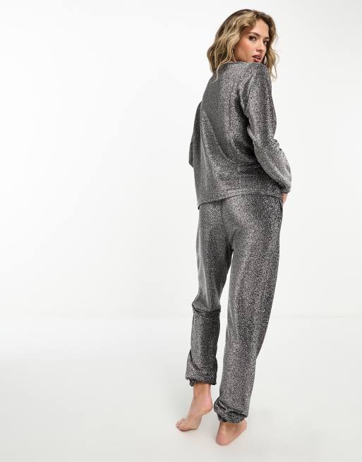 ASOS DESIGN glitter sweat jogger pyjama set in silver ASOS