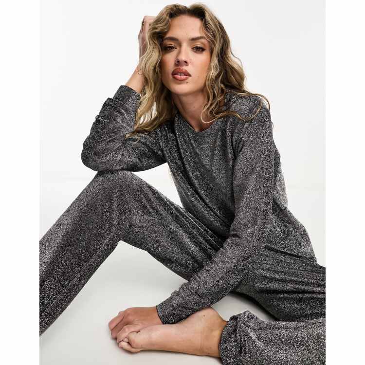 ASOS DESIGN glitter sweatshirt & sweatpants pajama set in silver