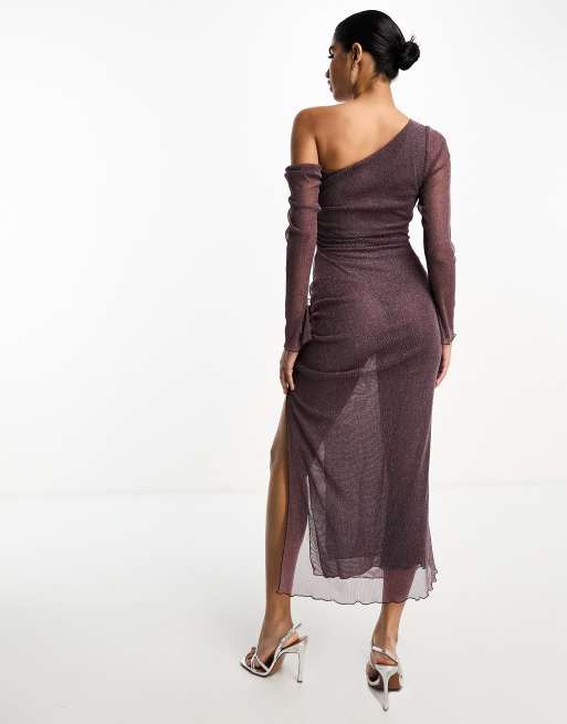 open lace back dress Purple Midi Dress Long Sleeve Round Neck Keyhole Rib Knit