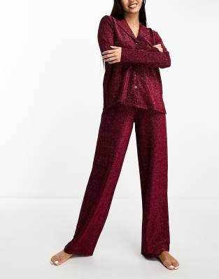 ASOS DESIGN - Glitzer-Pyjama in Rosa bestehend aus Hemd und Hose