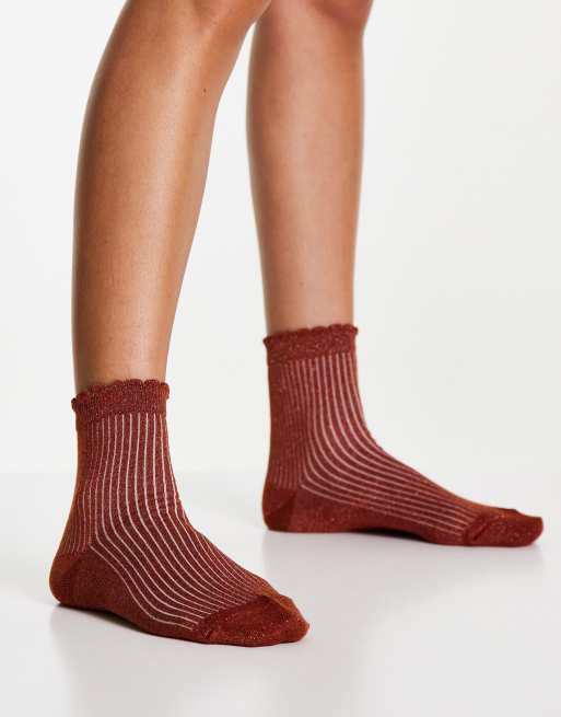 ASOS DESIGN – Glitzernde Knöchelsocken in Rostrot mit Picot-Rand