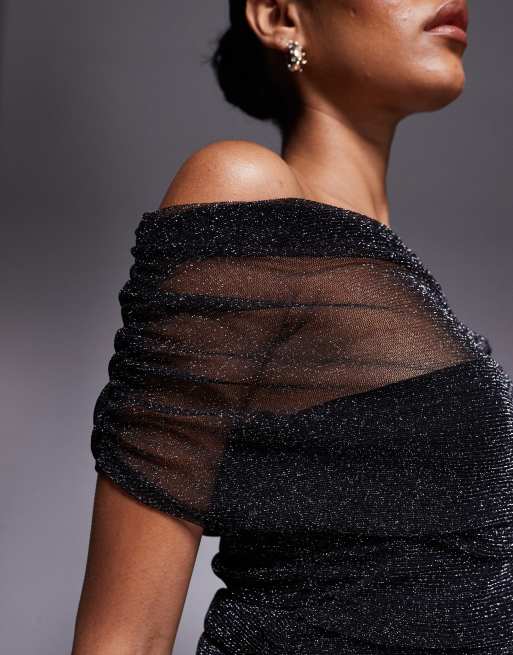 ASOS DESIGN – Glitzerndes Netzstoff-Oberteil in Schwarz mit Raffung und drapierter Schulterpartie, 2 von 4