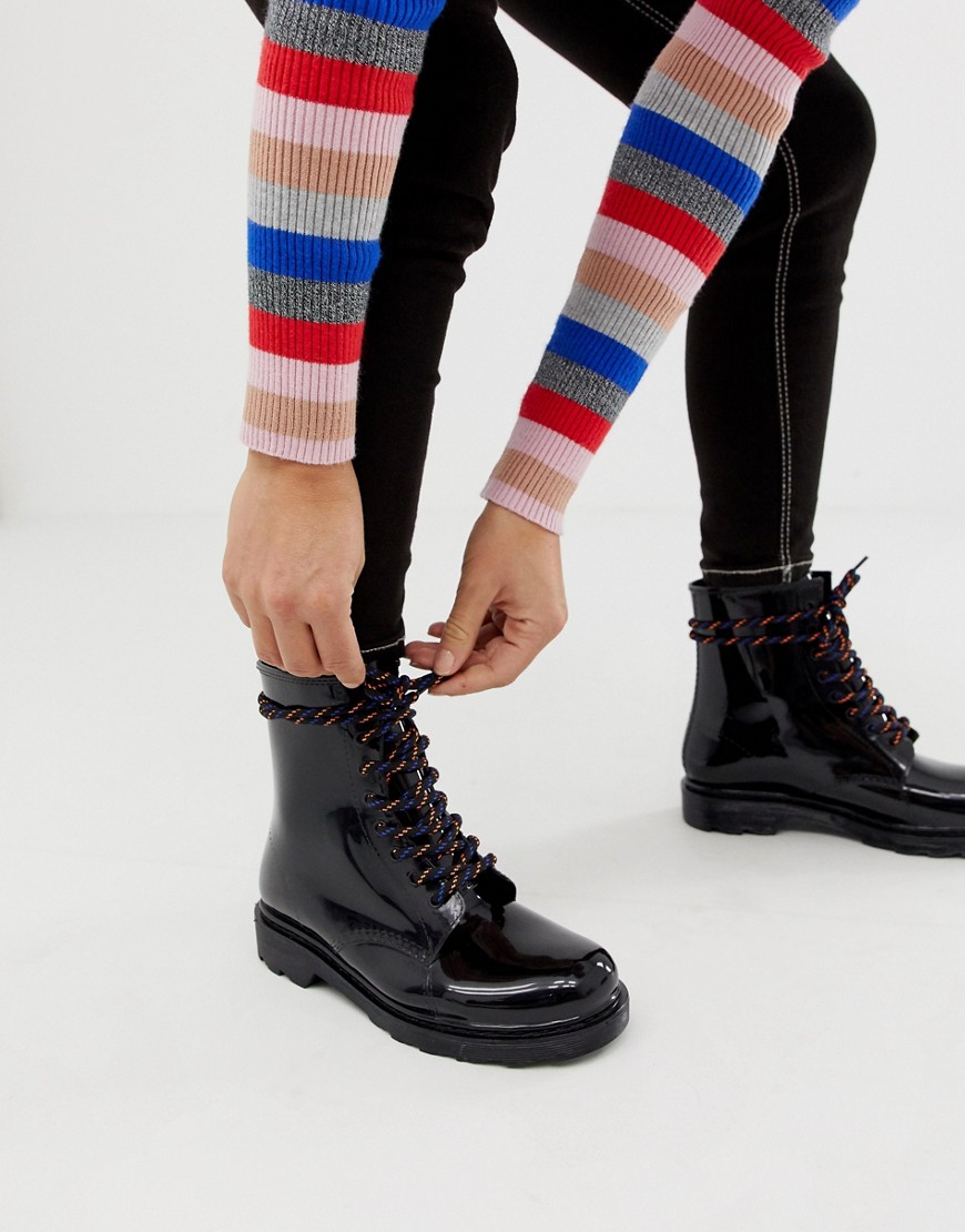 ASOS DESIGN Global hiker lace up rain boots-Black