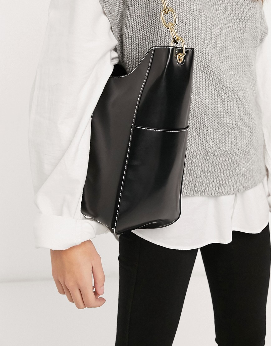 ASOS DESIGN glossed black shopper with side pockets and chain strap