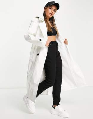 ASOS DESIGN glossy patent hooded trench coat in cream | ASOS