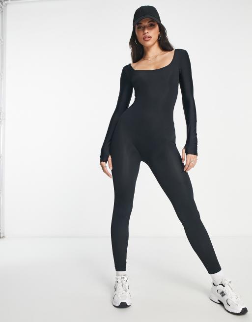 ASOS DESIGN glossy unitard jumpsuit with thumb holes in black