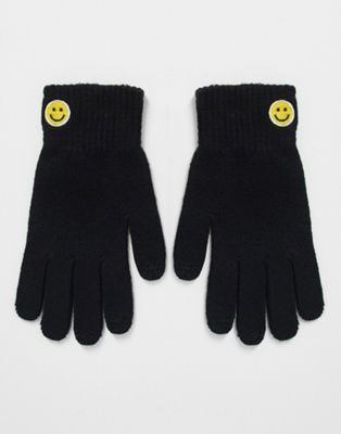 ASOS DESIGN gloves with happy face embroidery in black