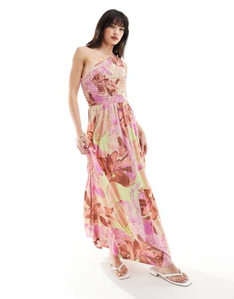 ASOS DESIGN – Gnieciona sukienka maxi na jedno ramię z rozmazanym wzorem kwiatowym - view 1