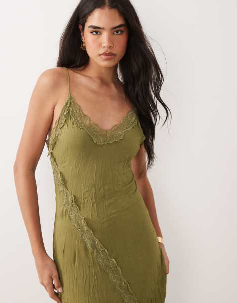 ASOS DESIGN – Gnieciona sukienka maxi z koronkowym wykończeniem w kolorze khaki - view 1