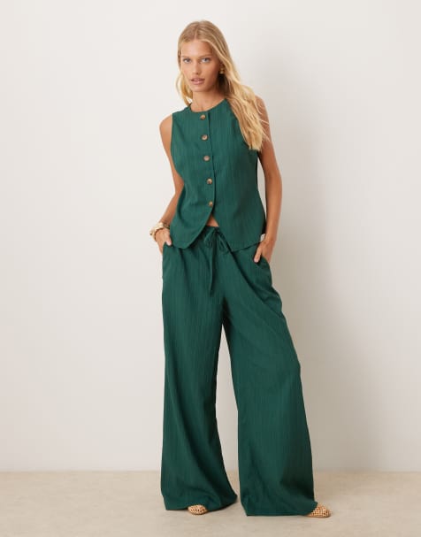 ASOS DESIGN crinkle palazzo trousers co-ord in bottle green
