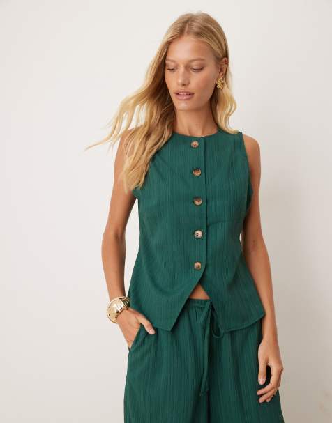 ASOS DESIGN – Gnieciony top w kolorze butelkowej zieleni, część zestawu - view 1