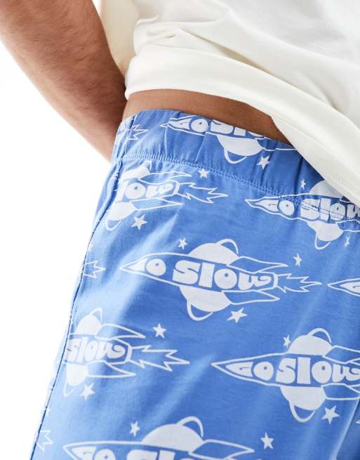 ASOS DESIGN go slow slogan pyjama set in blue, 3 of 4