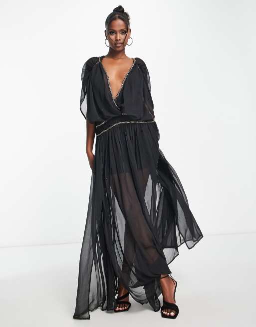 ASOS DESIGN – Goddess – Czarna sukienka maxi z ozdobnymi łańcuszkami