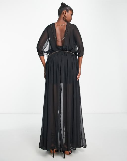 ASOS DESIGN Goddess Czarna sukienka maxi z ozdobnymi a cuszkami ASOS