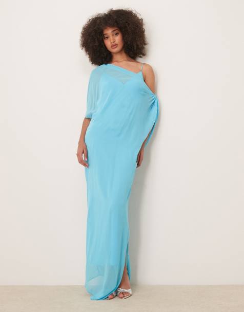 ASOS DESIGN goddess drape double layered colour block maxi dress in bright blue