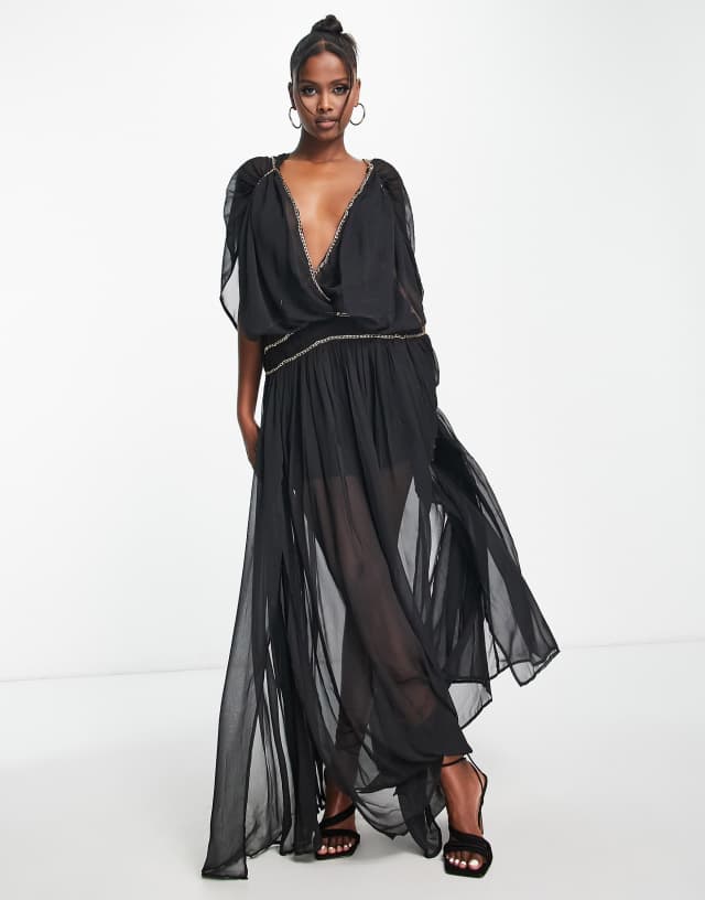 ASOS DESIGN goddess maxi dress with chain detail in black