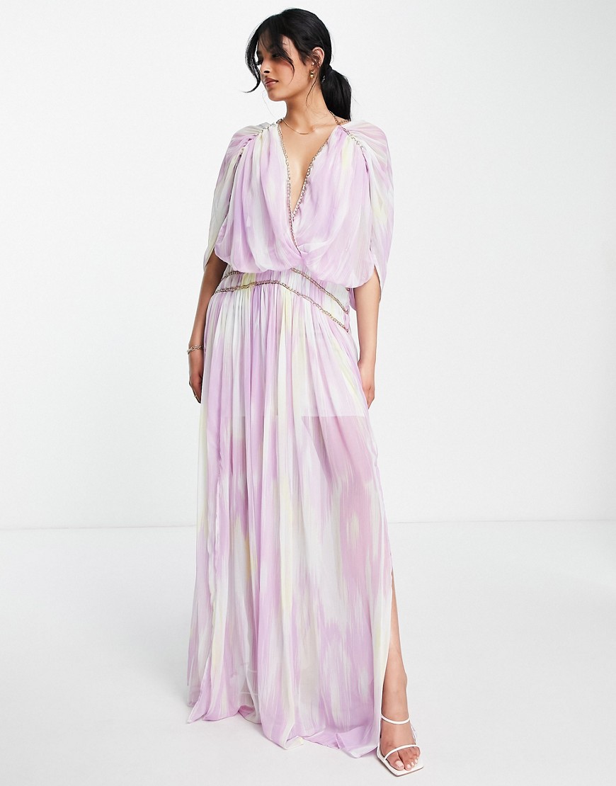 ASOS DESIGN goddess maxi dress with chain detail in water color-Multi