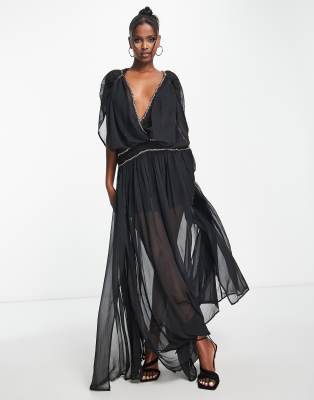 ASOS DESIGN - Goddess - Maxikleid in Schwarz mit Kettenverzierung-Bunt