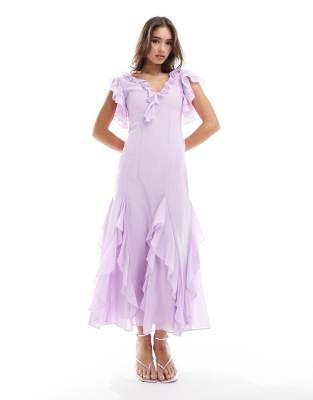 ASOS DESIGN godet frill midi dress in lilac-Purple