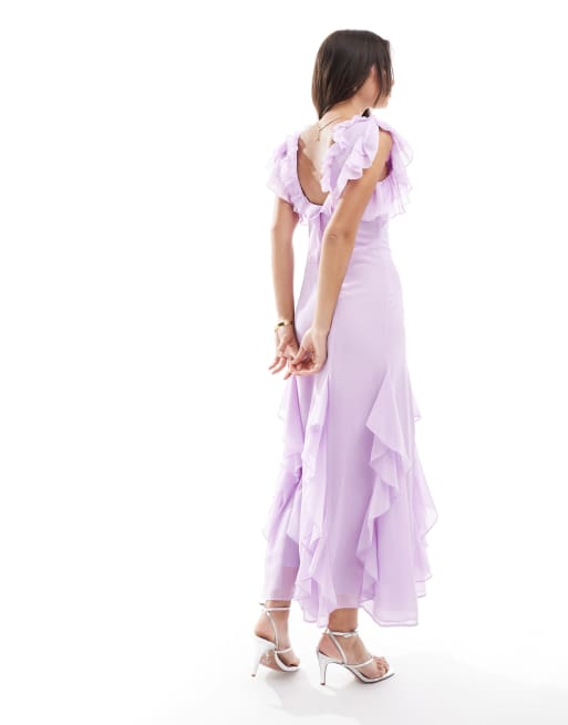 fitted lace wedding dress Rent Asos Design Ruffle Detail Mini Dress With Godet Layered Skirt In Satin  Floral In Lilac