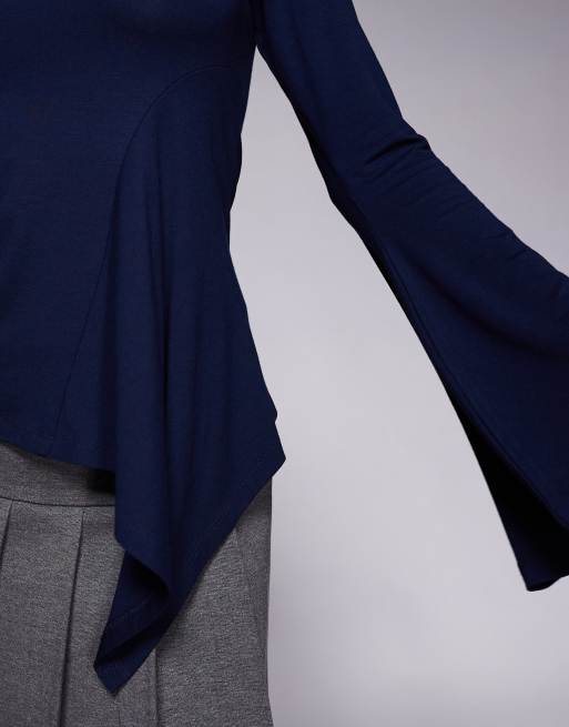 ASOS DESIGN godet insert long sleeve top with flute sleeves in navy