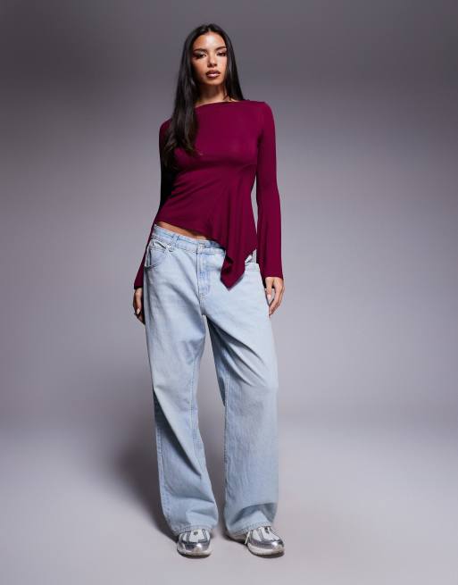 ASOS DESIGN godet insert long sleeve top with fluted sleeves in plum