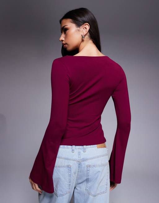 ASOS DESIGN godet insert long sleeve top with fluted sleeves in plum