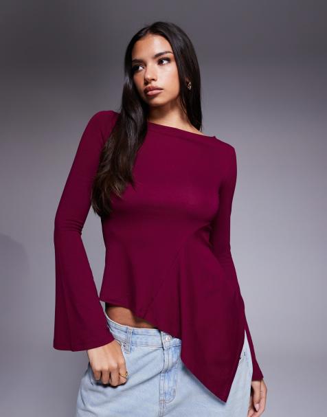 ASOS DESIGN godet insert long sleeve top with fluted sleeves in plum - view 1