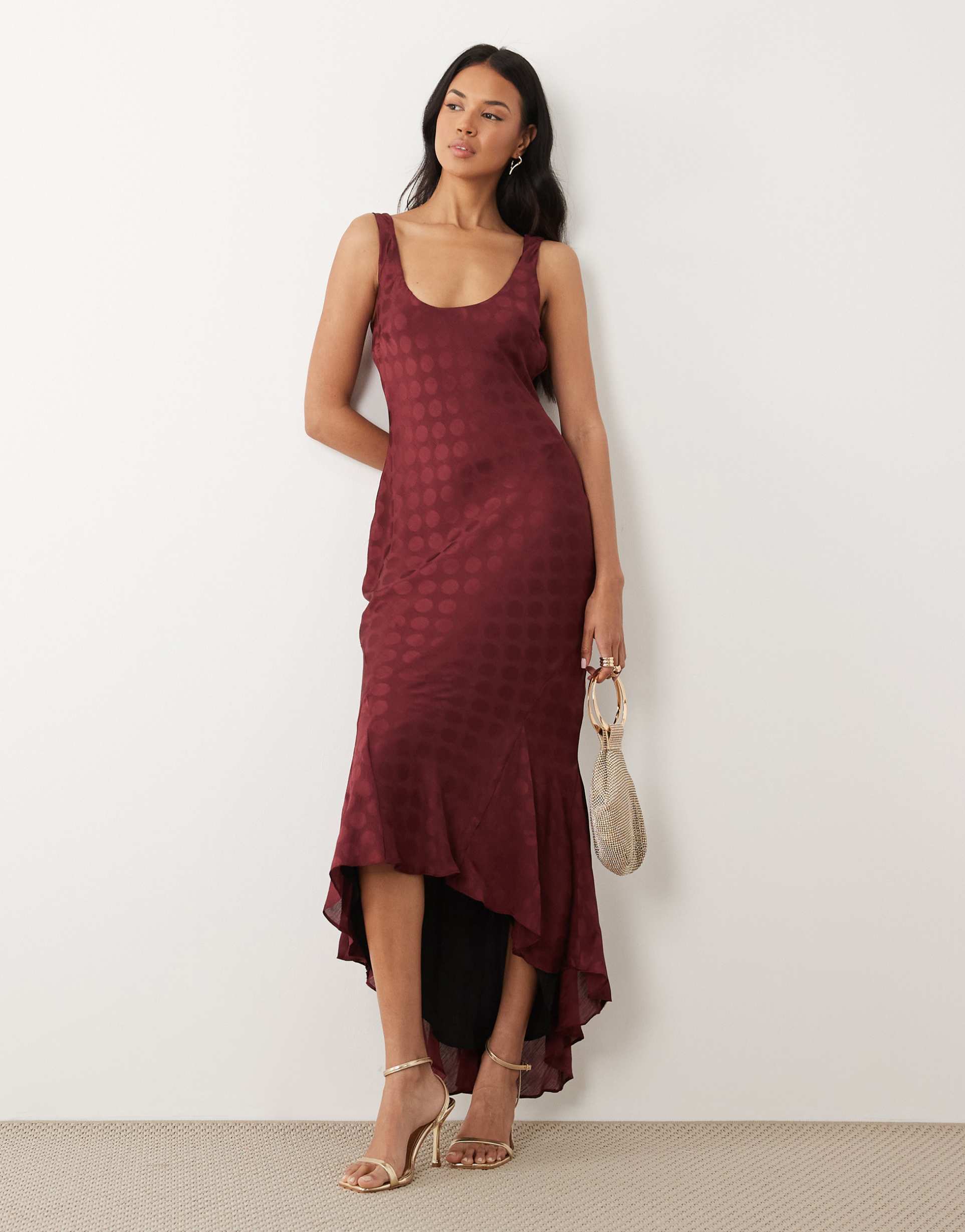 asos design godet jacquard fishtail maxi dress in plum