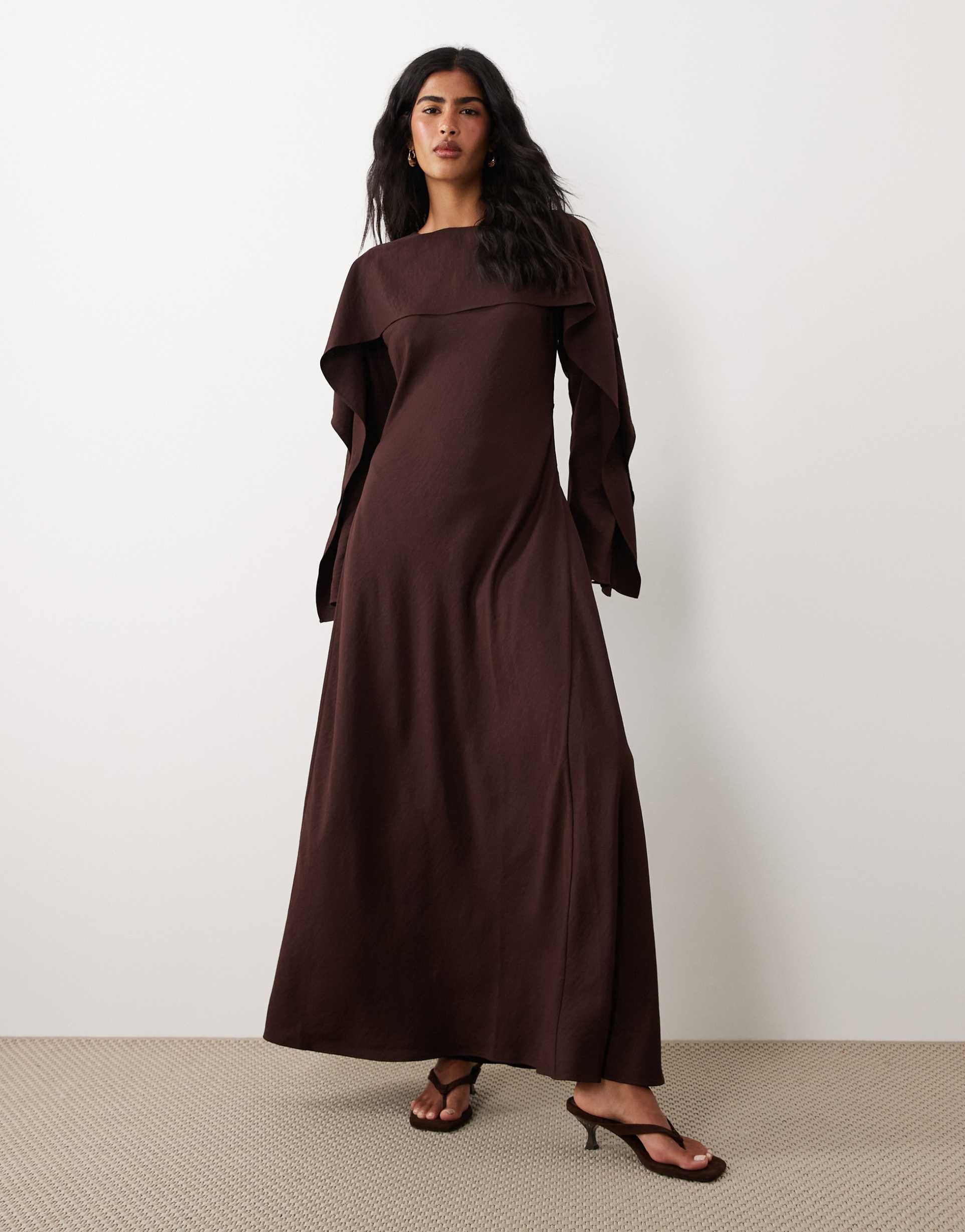 asos design godet maxi dress with cape in eggplant