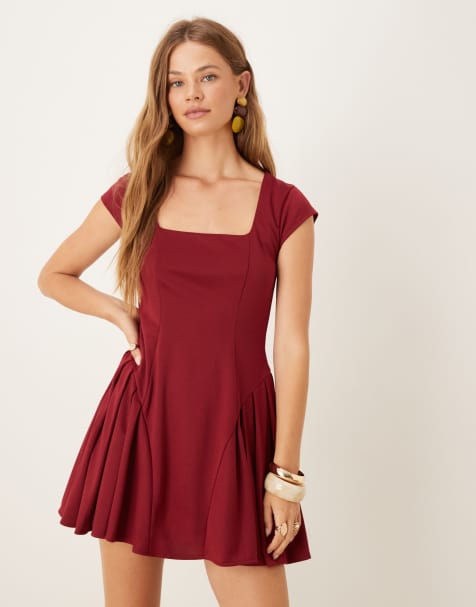ASOS DESIGN godet mini dress in burgundy - view 1