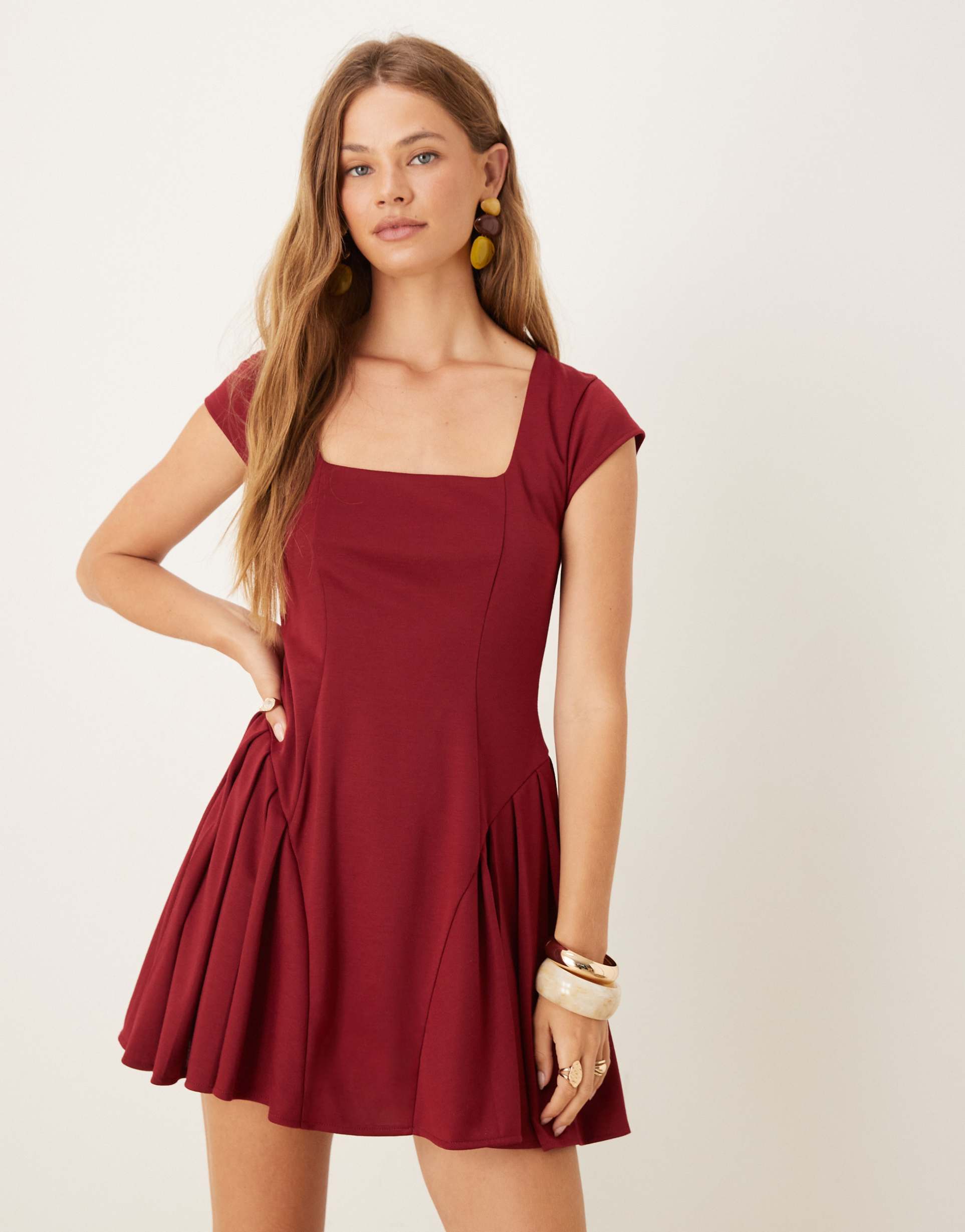 asos design godet mini dress in burgundy