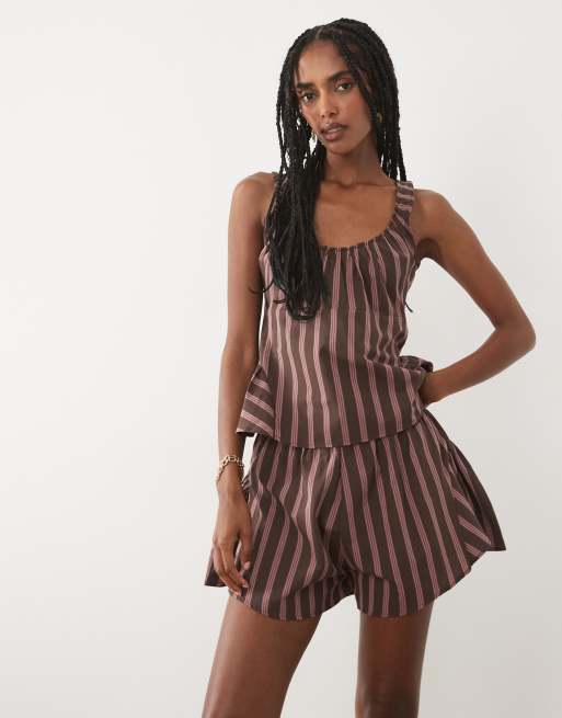 ASOS DESIGN godet mini short in brown stripe  co ord, 3 of 5