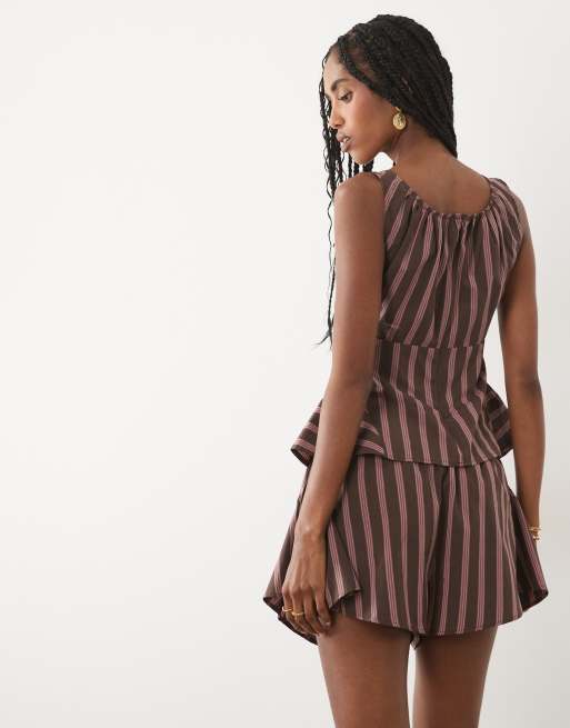 ASOS DESIGN godet mini short in brown stripe  co ord, 5 of 5
