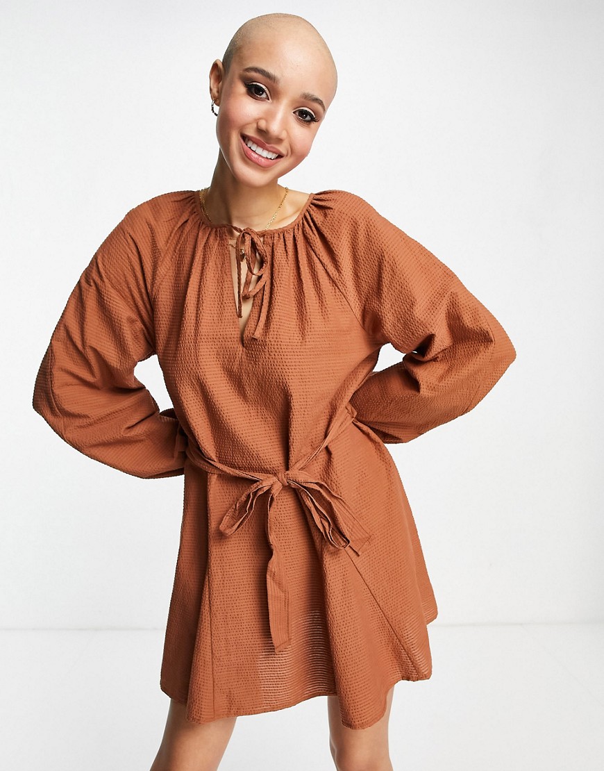 ASOS DESIGN godet mini smock dress with belt in brown