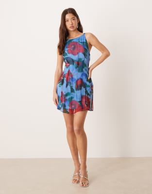 ASOS DESIGN - Godet-Minikleid in Blau mit U-Boot-Ausschnitt, Ziernähten und Blumenmuster-Bunt