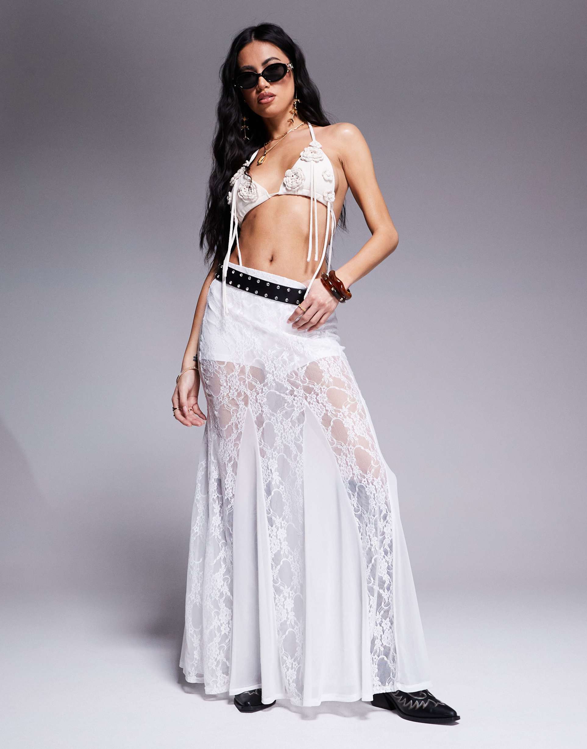 asos design godet sheer lace maxi skirt in ivory