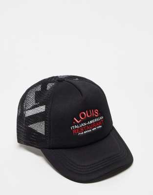 Asos Design Godfather Trucker Cap With Red Embroidery In Black