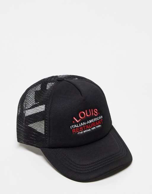 ASOS DESIGN – Godfather – Trucker-Kappe in Schwarz mit Stickerei in Rot