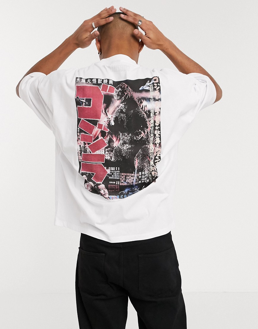 ASOS DESIGN - Godzilla - T-shirt oversize con grande stampa fotografica e stampa sul petto-Bianco