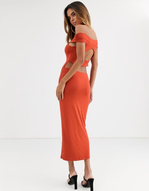 ASOS DESIGN going out bardot cut out back midi dress in orange